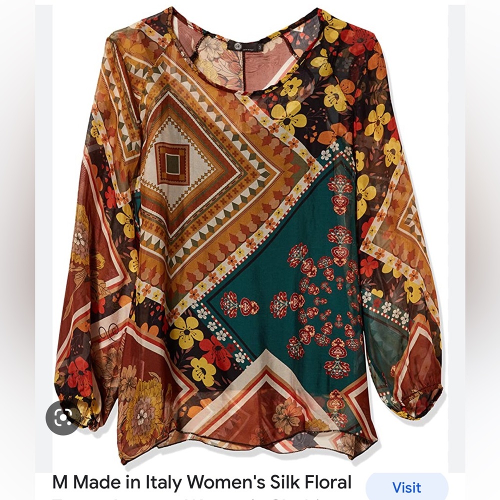 NWT M Made in Italy Silk Floral Brown & Yellow Long Sleeve semi-sheer Top Large